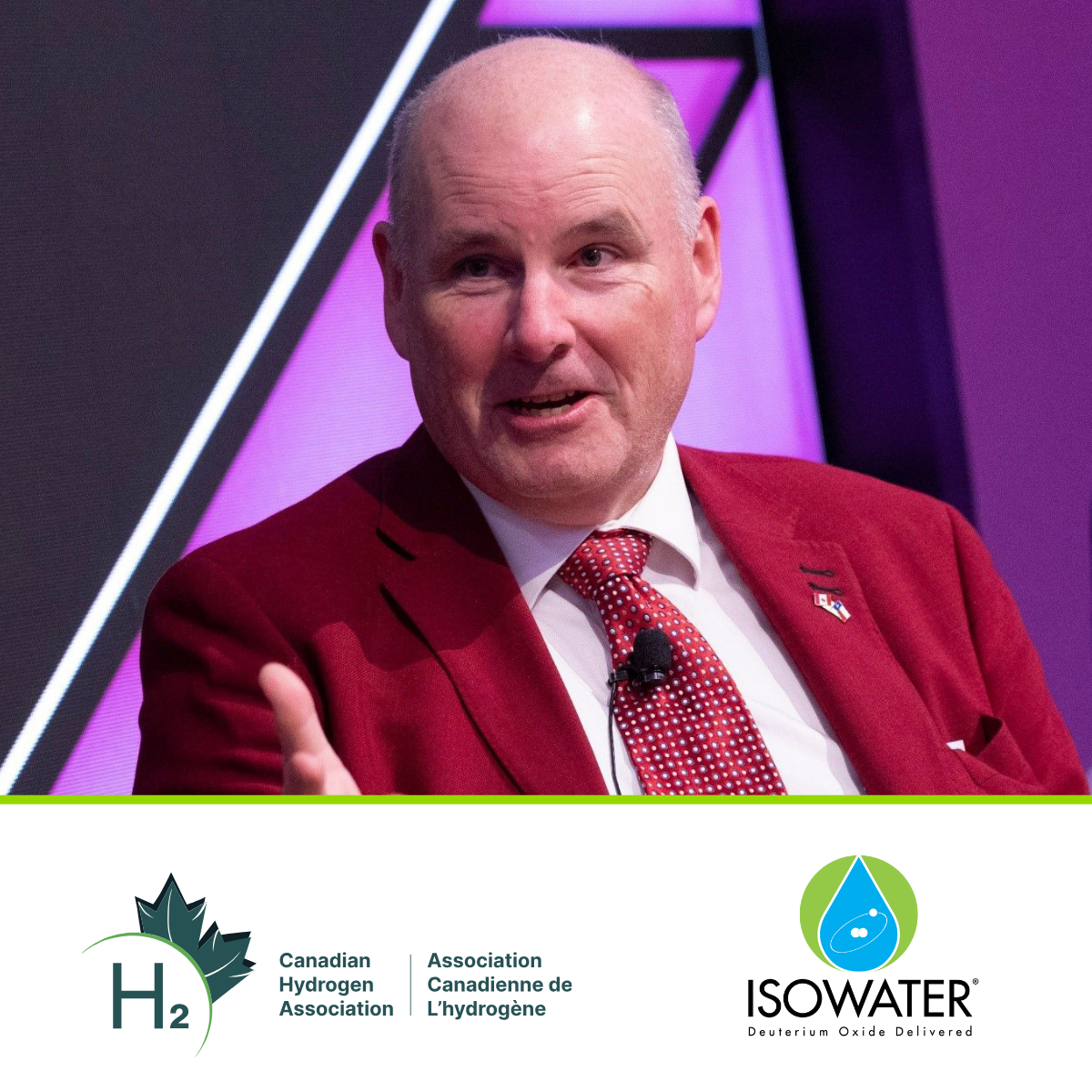 Headshot of Chairman Andrew Stuart with the Canadian Hydrogen Association and Isowater logos against a white background.